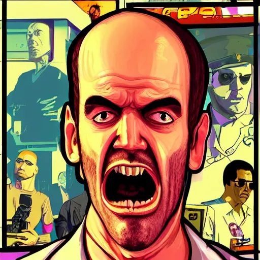 Prompt: upset delusional trippy conspiracy theorist person illustrated in the style of a GTA V poster, detailed, closeup