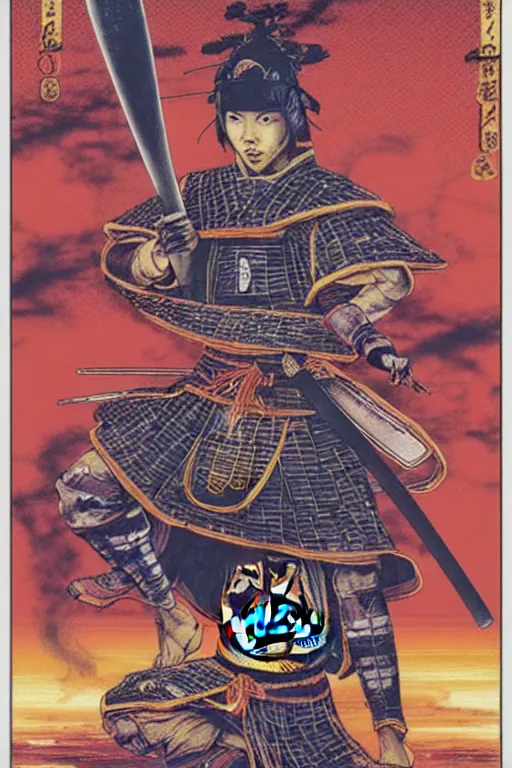 Prompt: poster of stephen curry as a samurai, wearing han - era armor, by yoichi hatakenaka, masamune shirow, josan gonzales and dan mumford, ayami kojima, takato yamamoto, barclay shaw, karol bak, yukito kishiro