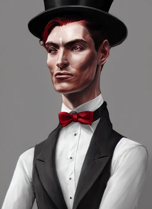 Image similar to a highly detailed illustration of stylish top hat wearing red haired attractive man, clean shaven, hyperdetailed face and eyes, wearing suit vest, nonchalantly leaning back pose, intricate, elegant, highly detailed, centered, digital painting, artstation, concept art, smooth, sharp focus, league of legends concept art, WLOP