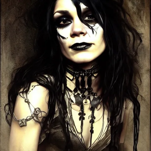 Image similar to beautiful portrait of vanessa hudgens as death from sandman, smiling, by cedric peyravernay, alphonse mucha, by jeremy mann, by lecouffe deharme, goth chic, soft lightning, eyeliner, punk rock, high detailed, 8 k