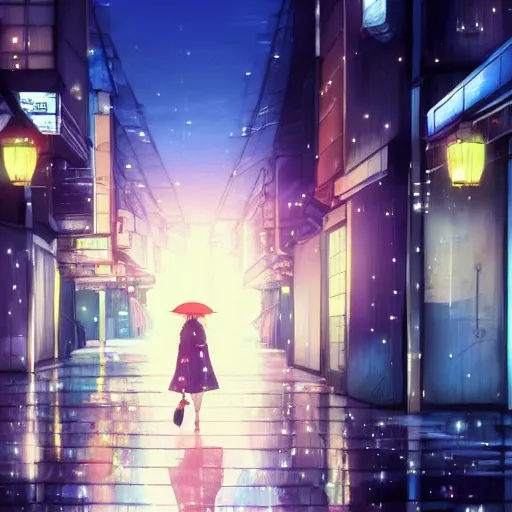 Image similar to beautiful anime girl walking in rainy osaka city center at night, anime key visual, digital art, anime screenshot, kyoto animation, makoto shinkai, trending on artstation