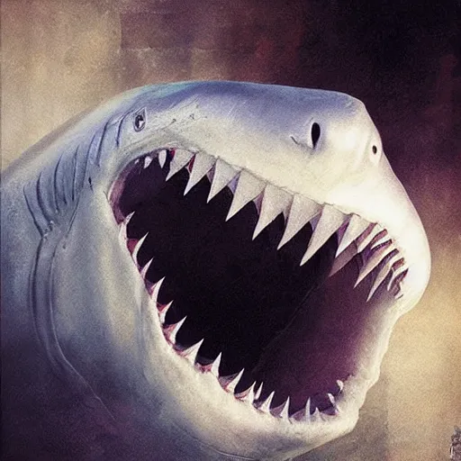 Prompt: ruan jia illustration of a shark, Alien mouth