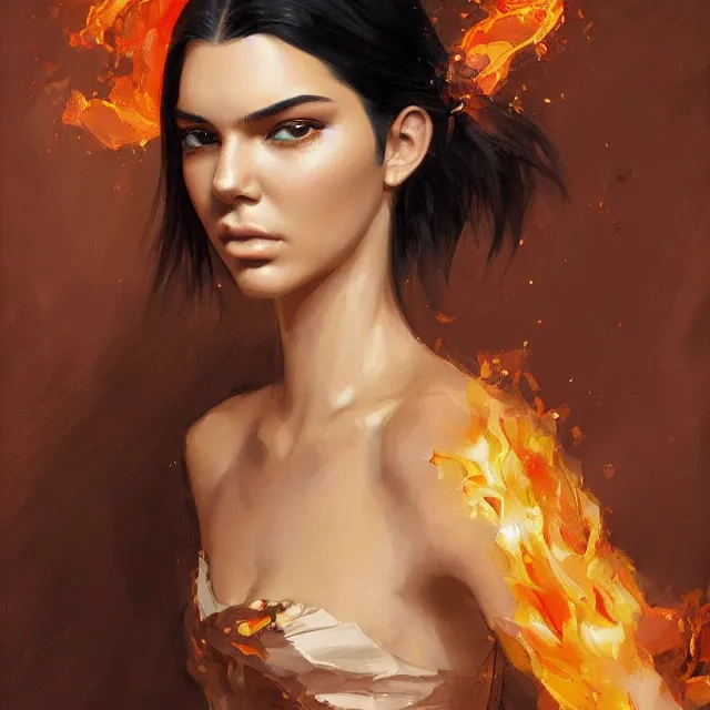 Image similar to Kendall Jenner as a firebender, portrait, elegant, intricate, digital painting, artstation, concept art, smooth, sharp focus, illustration, art by konstantin korovin and Daniel F. Gerhartz and john howe