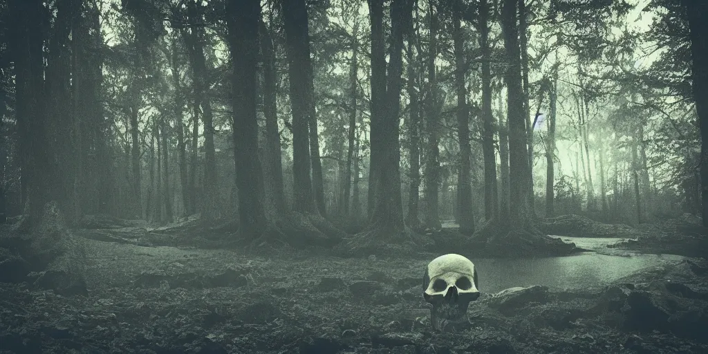 Image similar to a photo of a dream world, forest, river, skull, church, dark lighting