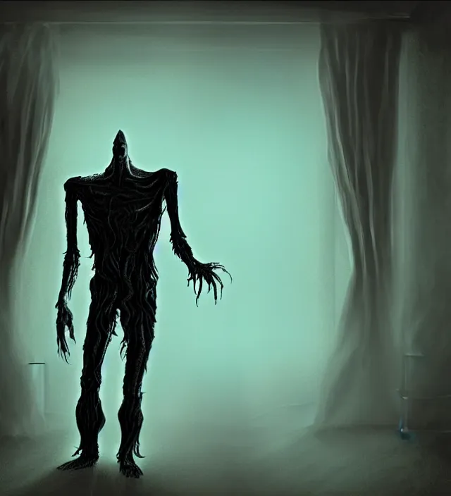 Image similar to a nightmare humanoid ghost monster alien standing in front of a window, volumetric lighting, in the style of stephen king, inspired by lovecraft, inspired by jeffrey smith