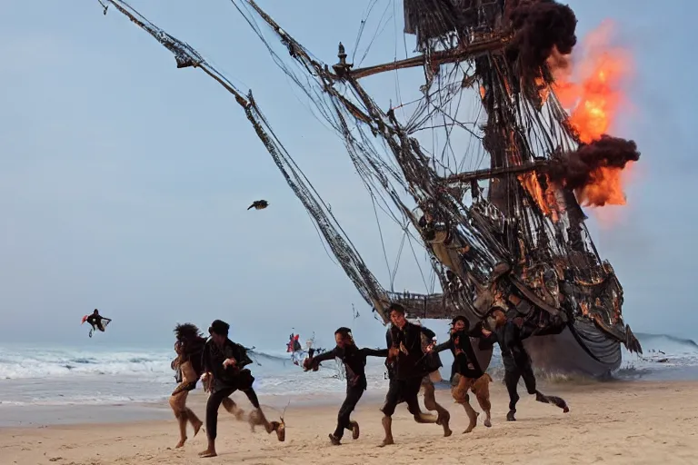 Image similar to portrait pirate crew running down beach as pirate ship fires canons, sand explosion 8 5 mm by emmanuel lubezki