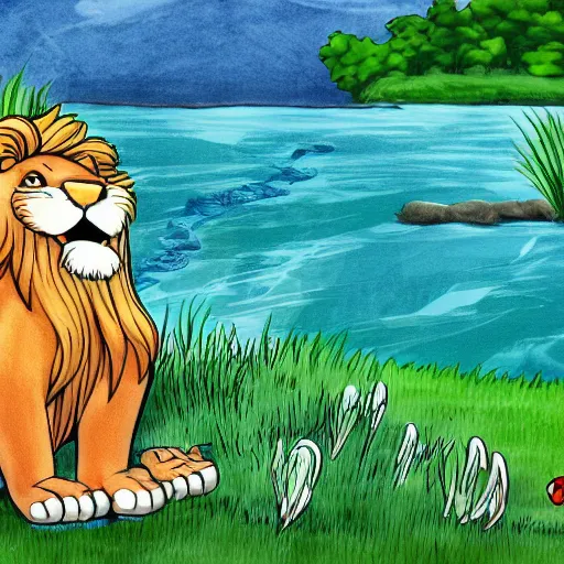 Prompt: a lion in the river very well drawn, cartoon for small children of 3 years, smooth, sharp focus, illustration, ArtStation