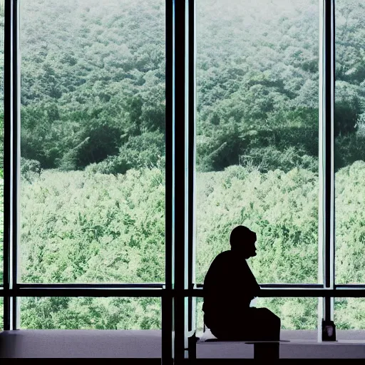 Prompt: a worker is sitting bored in front of desk, it is inside a cubicle which is completely surrounded by beautiful nature, total perspective