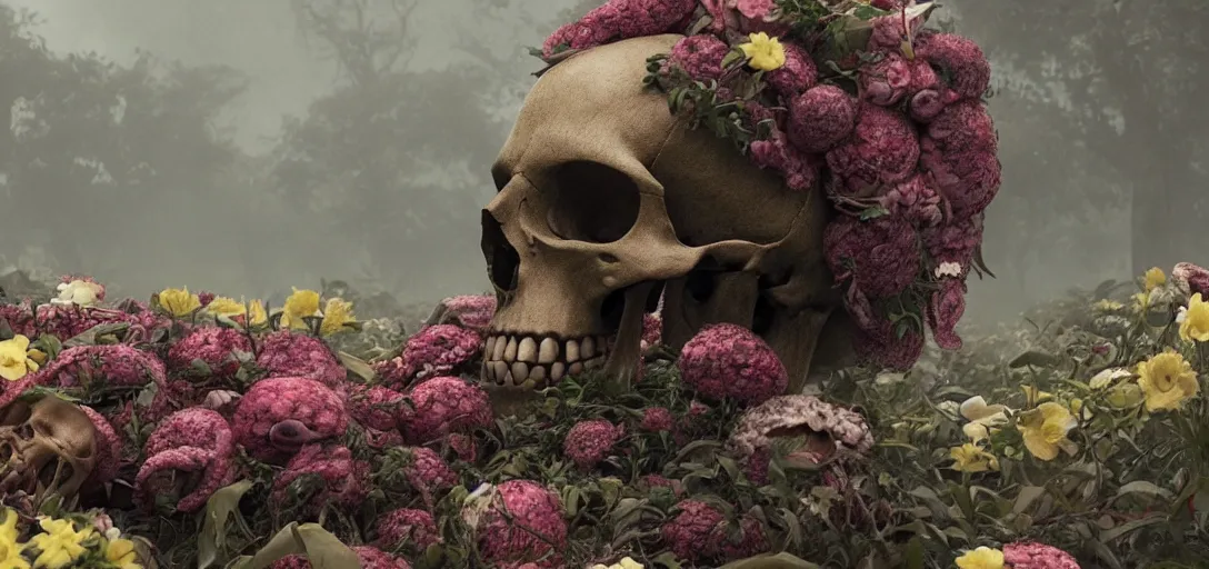 Prompt: a skull in the shape of a skull with octopus tentacles surrounded by flowers at noon, foggy, cinematic shot, photo still from movie by denis villeneuve, wayne barlowe
