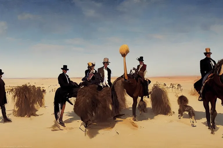 Image similar to portrait of a respectable dignified royal business elite politicians in top hats and coat tails riding on ostriches in the sahara desert throwing vanilla icecream cones at each other, art by anders zorn, wonderful masterpiece by greg rutkowski, beautiful cinematic light, american romanticism by greg manchess, jessica rossier