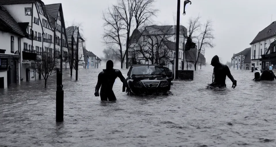 Image similar to a black and white Gigachad saving a small german town that is being flooded, movie screenshot, dramatic scene