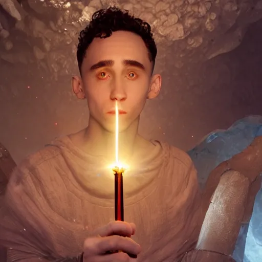 Prompt: Olly Alexander wearing a monks tunic, holding a small glowing red magical wand with electrical bolts emitting from it. In a cave made of ice. Trending on Artstation, octane render, ultra detailed, art by Ross tran