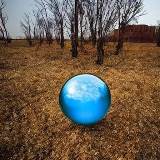 Image similar to a floating crystal ball full of surreal forgotten monuments