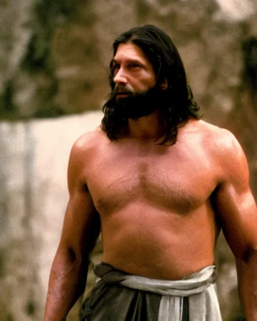 Prompt: film still close - up shot of vince mcmahon as jesus. photographic, photography