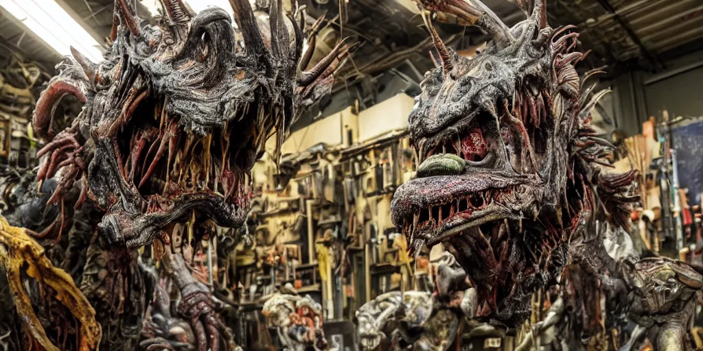 Image similar to photo taken of an epic intricate, ultra detailed, super realistic gritty, hero prop, exquisitely painted animatronic movie prop of a grotesque nightmarish hellish alien creature displayed in the workshop, created by weta workshop, full body shot, photorealistic, sharp focus