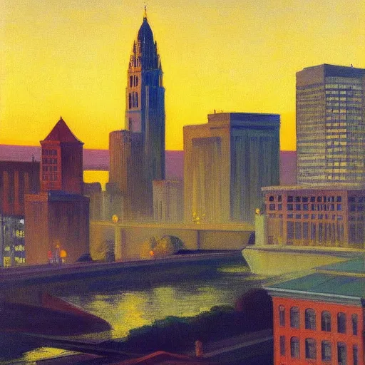 Prompt: a beautiful painting of Columbus Ohio by Edward Hopper, golden hour, 8k, 4k