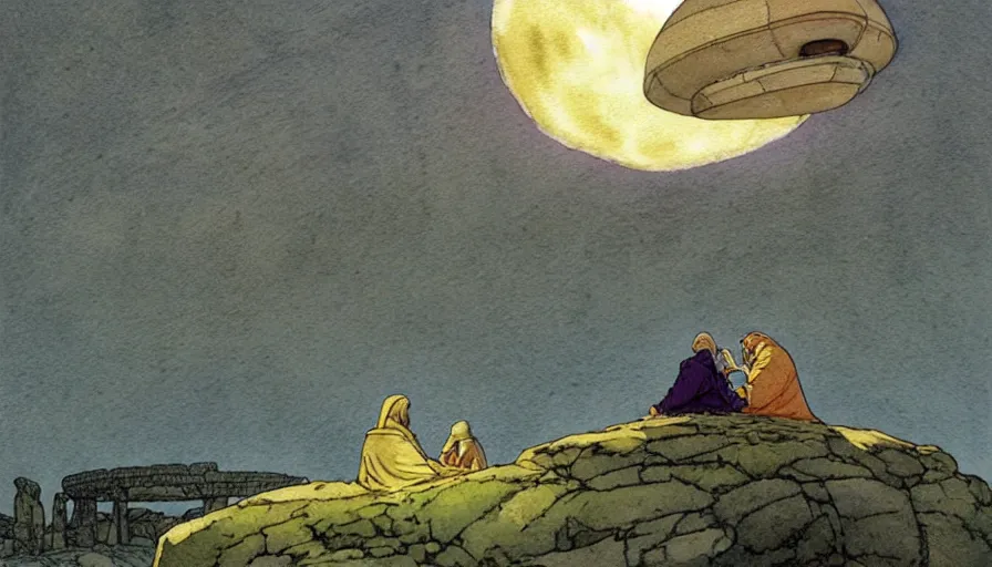 Image similar to a realistic and atmospheric watercolour fantasy concept art of a shiny metallic ufo floating above a large stonehenge. medieval monk in grey robes on his knees praying. a crescent moon in the sky. muted colors. by rebecca guay, michael kaluta, charles vess and jean moebius giraud