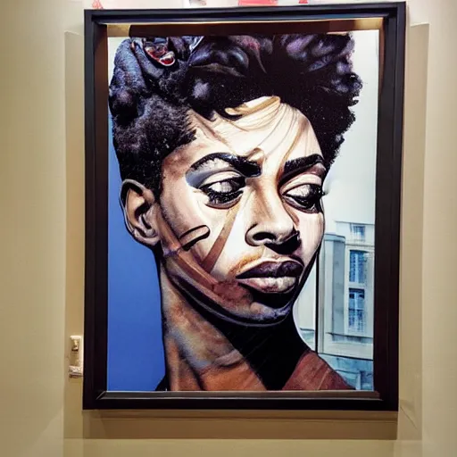 Image similar to by sandra chevrier chestnut, slate grey hyperdetailed. a installation art of a handsome 2 1 savage seated at a window, looking out at the viewer with a serene expression on his face. the light from the window illuminates her features & creates a warm, inviting atmosphere. the essence of beauty & tranquility.