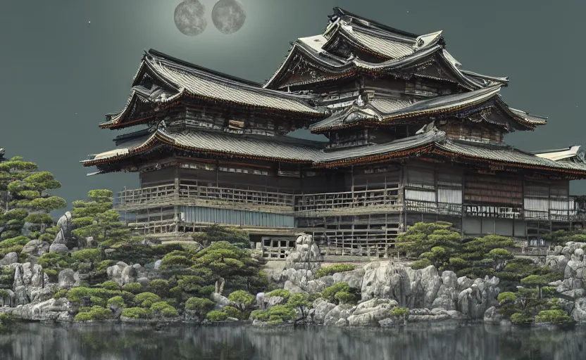 Prompt: highly detailed painting of old, ruined, japanese palace from sengoku period, surrounded by dense rock formations, high in mountains, night with bright moon light, environment concept art, photobash, unreal engine render, nanite