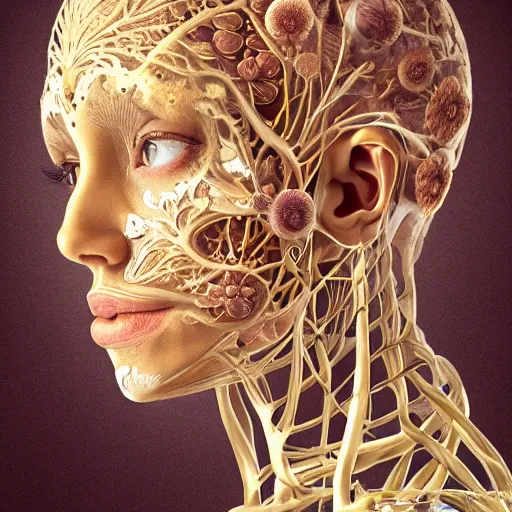 Image similar to face portrait of a beautiful woman, 150 mm, anatomical, flesh, flowers, mandelbrot fractal, veins, arteries, symmetric, intricate, golden ratio, full frame, microscopic, elegant, highly detailed, ornate, ornament, elegant , luxury, beautifully lit, ray trace, octane render in the style of peter Gric , alex grey and Romero Ressendi