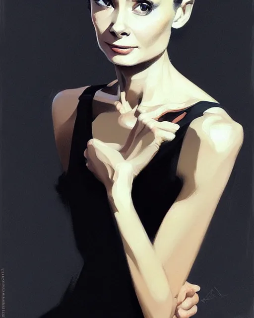 Image similar to an artistic pose, composition, audrey hepburn, realistic shaded, fine details, realistic shaded lighting poster by ilya kuvshinov, magali villeneuve, artgerm, jeremy lipkin and michael garmash and rob rey