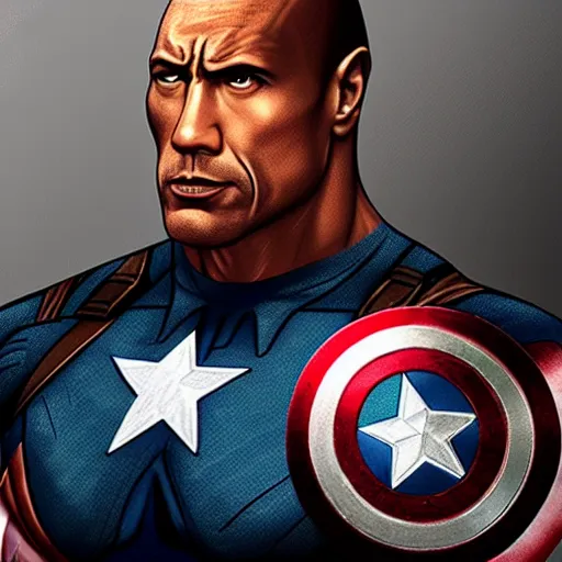 Prompt: the rock as captain america, detailed face