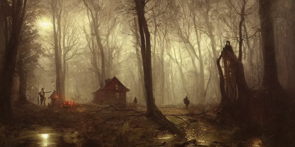 Prompt: an old house with red light on from the windows during the night in a forest, a men stand up in front of the house, mystical fog, oil on canvas, art by andreas achenbach, clemens ascher, tom bagshaw and sabbas apterus,