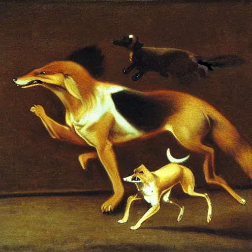 Prompt: the quick brown fox jumps over the lazy dog, by diego velazquez