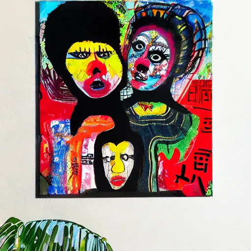 Image similar to acrylic painting of two bizarre psychedelic goth women kissing in china in summertime, speculative evolution, mixed media collage by basquiat and jackson pollock, maximalist magazine collage art, sapphic art, psychedelic illustration