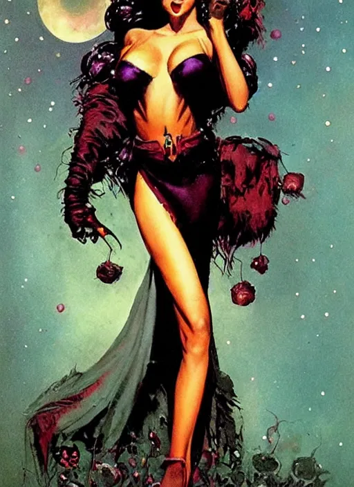 Image similar to seventies horror actress, sequinned dress, dark night, strong line, deep color, beautiful! coherent! by brom, by frank frazetta,