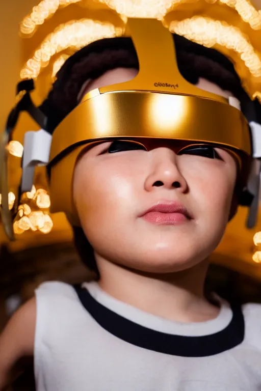 Image similar to cinematic close up portrait of Cupid wearing a golden Oculus VR headset on his face. Centered, uncut, unzoom, ultra realistic, zenith view, polished white marble, unreal engine, ray tracing, hd, 4k, Dslr, tiltshift, dof. 64megapixel.