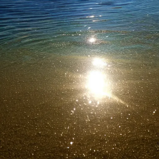 Prompt: sunlight patterns on shallow clear water that spell the word yes