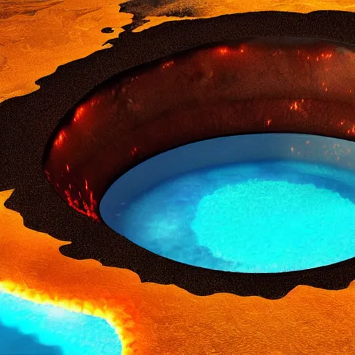 Prompt: A beautiful pool in the middle of a volcano throwing lava, digital art,