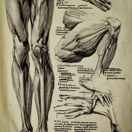 Image similar to full page scan of 1400s detailed human thigh concept art, architectural section, plan drawing, page, paper, parchment, papyrus, fantasy, horror, occult, diagram, informative texts, graphs, notes, scribbles, human thigh anatomy anatomical, blur