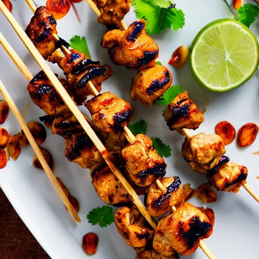 Prompt: thai peanut chicken skewers, michelin star food, detailed food, food photography