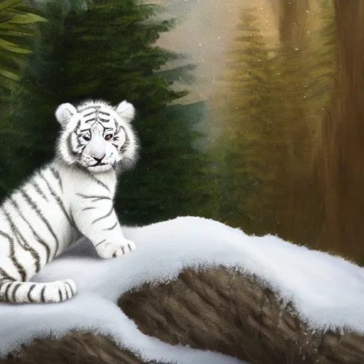 Prompt: cute fluffy white tiger cub sitting on rock in snowy winter landscape with trees detailed painting 4k