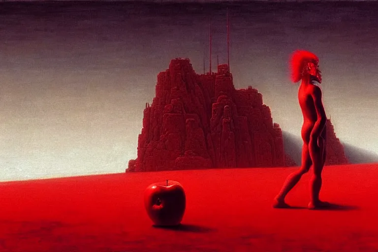 Image similar to only with red, a red god of death eat apple, a futuristic city on mars in background, an ancient path, pathos, in the style of beksinski, part by hopper, part by rodcenko, part by hofbauer, intricate composition, red by caravaggio, insanely quality, highly detailed, masterpiece, red light, artstation