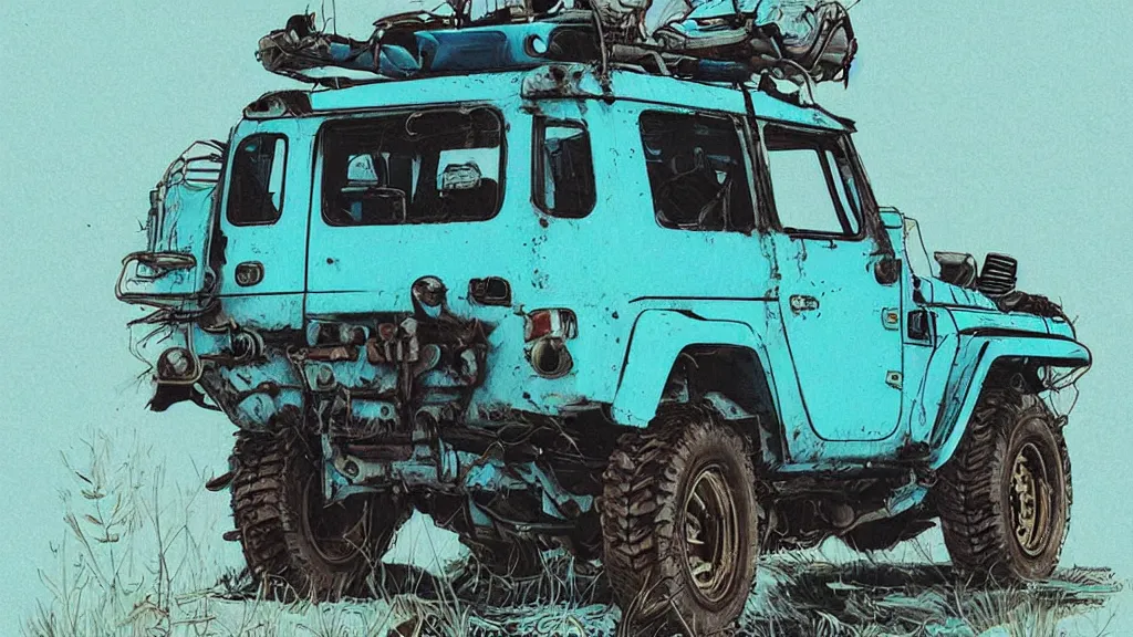 Prompt: digital illustration of a futuristic faded cyan mad max's fj 4 0 decrepit!!!!!! pursuit special, rusty!!!!! cyberpunk nissan fj cruiser heavily modded 1 9 9 0 s, the last v 8 interceptor by makoto shinkai, ilya kuvshinov, lois van baarle, rossdraws, basquiat