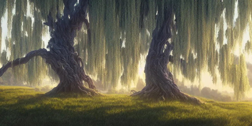 Prompt: A highly detailed matte oil painting of a willow tree, hyperrealistic, cinematic, breathtaking, beautiful composition, Mokoto Shinkai, Studio Ghibli, Dan Mumford, James Jean, volumetric lighting, octane render, 4K resolution, trending on artstation