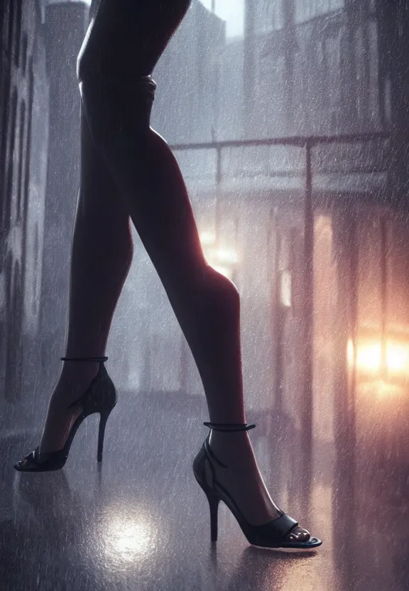 Prompt: cosmopolitan model annie leonhart posing with open toe heels in dunwall city, beautiful face, detailed face, cinematic lighting, rainy weather, melancholy atmosphere, volumetric light, octane render, gothic architecture, realistic reflections, octane render 8 k, model agency, instagram photo, depression and despair