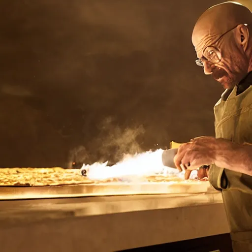 Image similar to walter white making pizza with a blowtorch in the desert, dramatic lighting, still from breaking bad