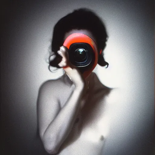 Prompt: fisheye medium format color portrait of a model with surreal style, camera flash