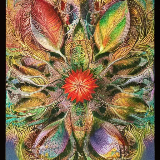 Image similar to colorful artwork by ernst haeckel with vividly fractured pixiv scenery art macroscopic imprints of ethereal plant illumination, put onto canvas