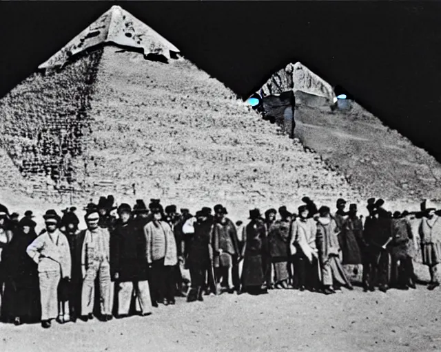 Prompt: a photo from the early 1900s of people standing in front of a UFO, behind them are the Pyramids at Giza