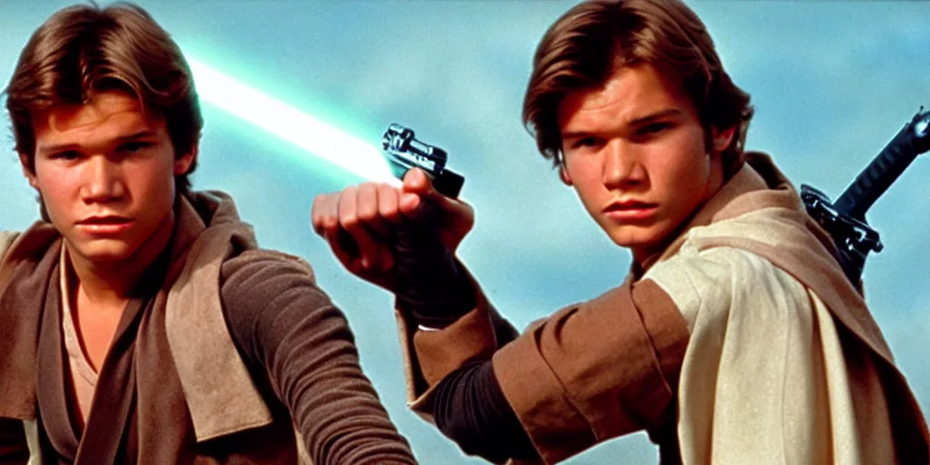 Image similar to A full color still from a film of a teenage Han Solo as a Jedi padawan holding a lightsaber hilt, from The Phantom Menace, directed by Steven Spielberg, 35mm 1990