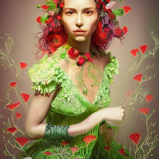 Prompt: the portrait of an absurdly beautiful, graceful, elegant, young mexican girl made of strawberries and green petals, an ultrafine hyperdetailed illustration by kim jung gi, irakli nadar, intricate linework, bright colors, octopath traveler, final fantasy, angular, unreal engine 5 highly rendered, global illumination, radiant light, detailed and intricate environment