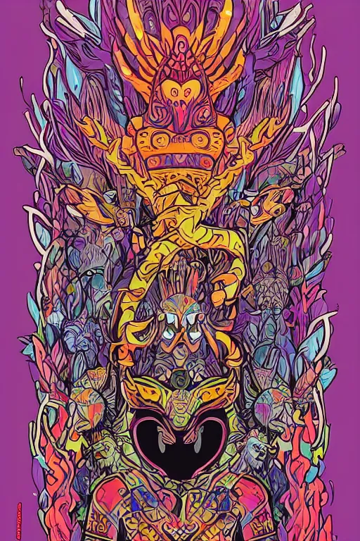 Image similar to animal mask totem roots flower tribal feather gemstone plant wood rock shaman vodoo video game vector cutout illustration vivid multicolor borderlands comics by josan gonzales and dan mumford radiating a glowing aura