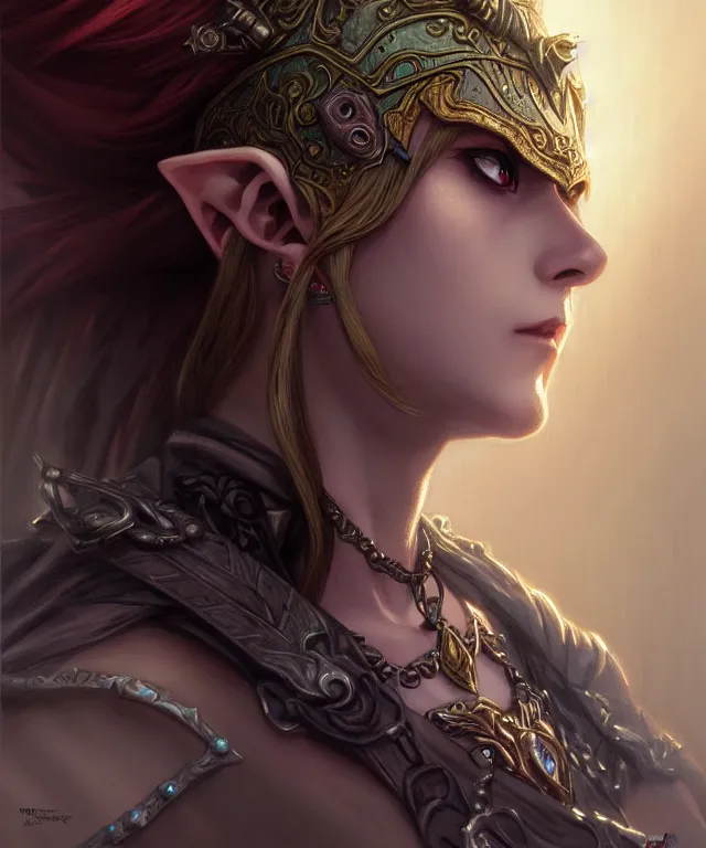 Image similar to dark fantasy, link legend of Zelda twilight Princess portrait, dark surrealist , fantasy, intricate, elegant, highly detailed, digital painting, artstation, concept art, smooth, sharp focus, illustration, art by artgerm and greg rutkowski and alphonse mucha