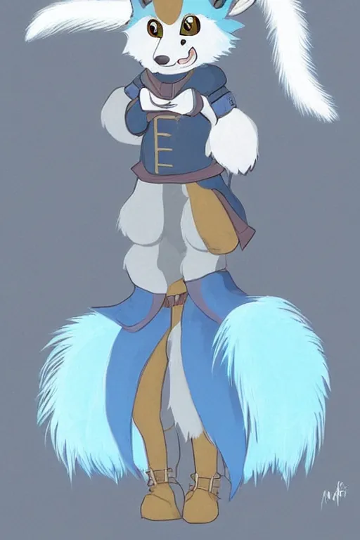 Image similar to a cute medieval anthropomorphic wolf with light blue fur and a fluffy tail, comic art, trending on furaffinity, cartoon, kawaii, backlighting, furry art!!!, cel shading, concept art, lineless