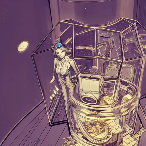 Prompt: gold and silver tones, cybernetic princess trapped in a glass box in a dark room, 3 d, style of moebius, james jean, mcbess, cinematic, highly detailed, award winning, 8 k photorealistic